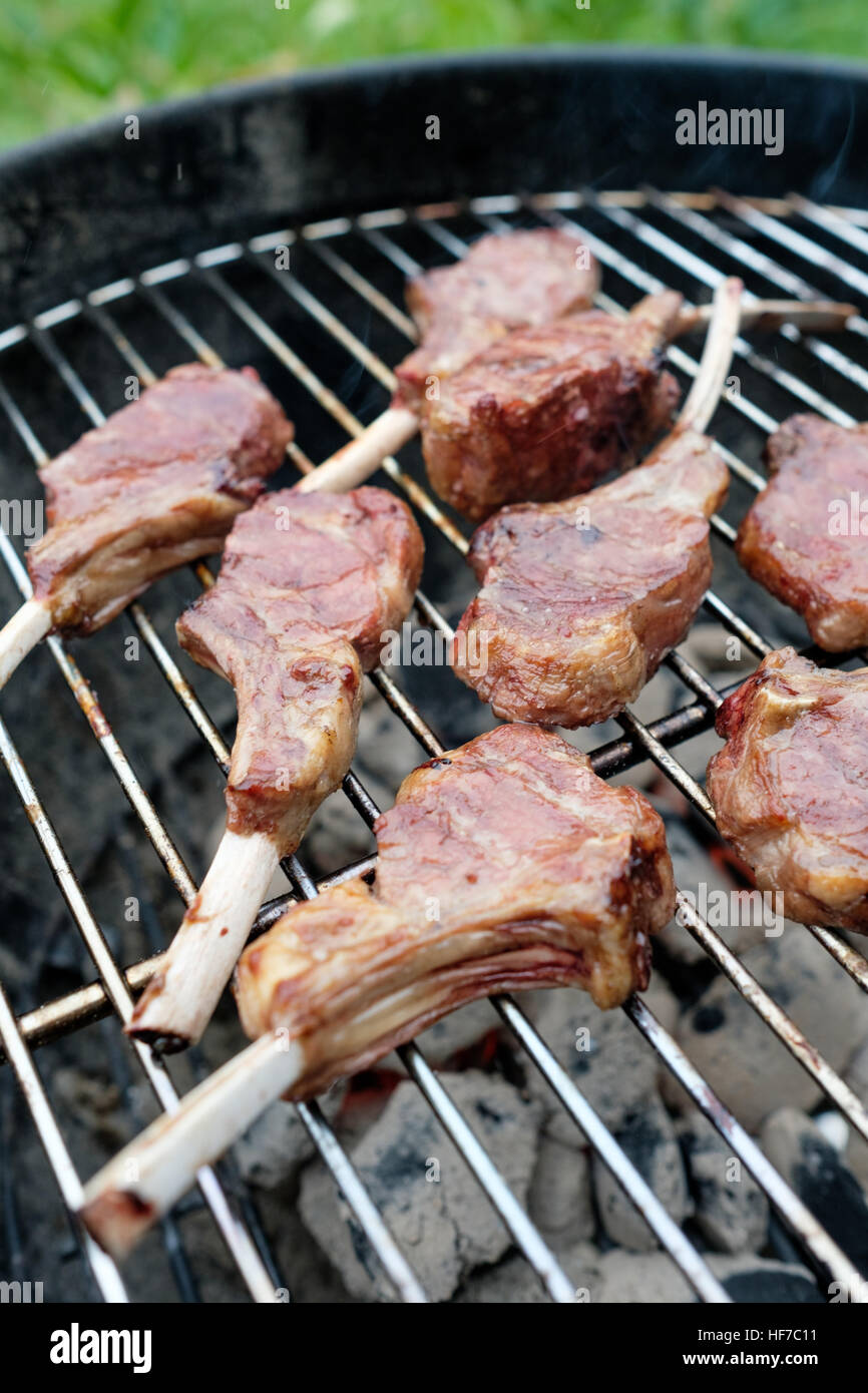 Lamb chops on barbecue grill, CloseUp Stock Photo Alamy