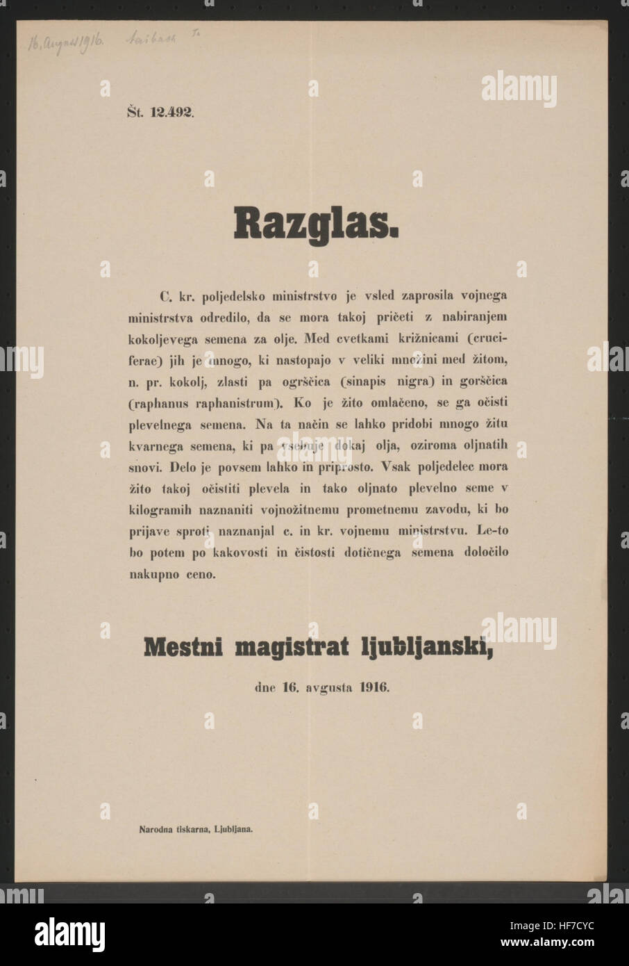 Bestimmungen bezüglich Reinheit und Qualität von Saatgut - Stadtmagistrat Laibach, am 16 August 1916 Saatgut - Kundmachung - Laibach - In slowenischer Sprache 1916 Stock Photo