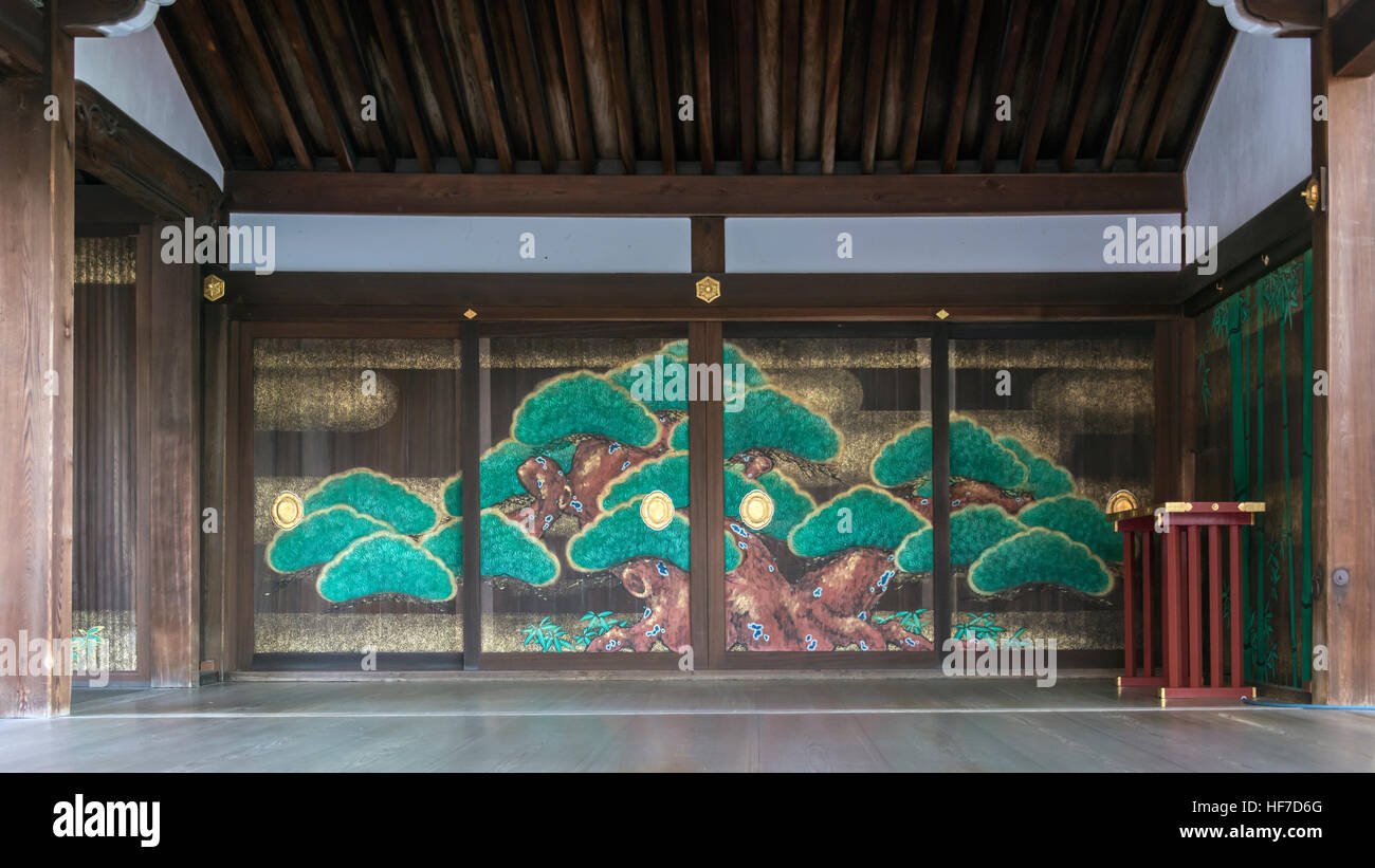 Stylized cypress tree sliding doors, Fushimi Inari Taisha Shinto Shrine, Kyoto, Japan Stock Photo