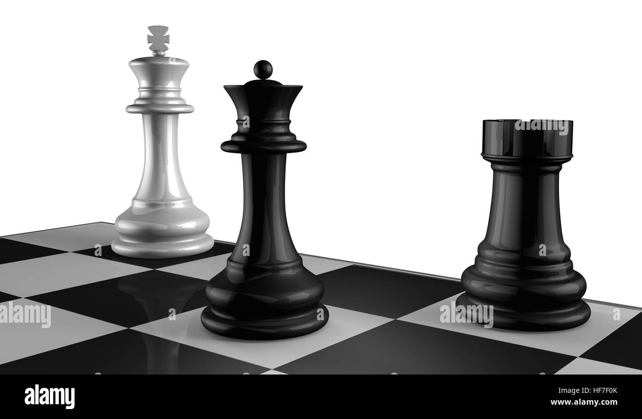 Chess Board with King, Queen and Rook in Checkmate. Stock Photo