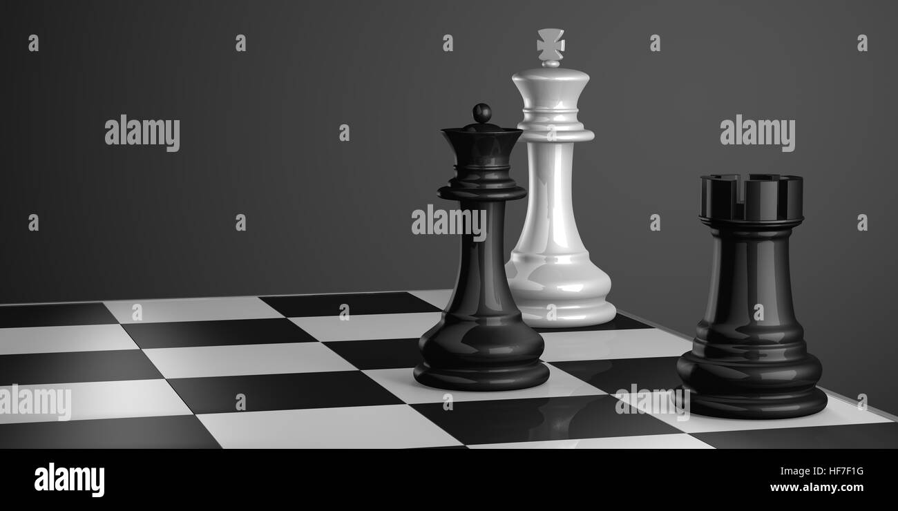 Chess Board with King, Queen and Rook in Checkmate. Stock Photo