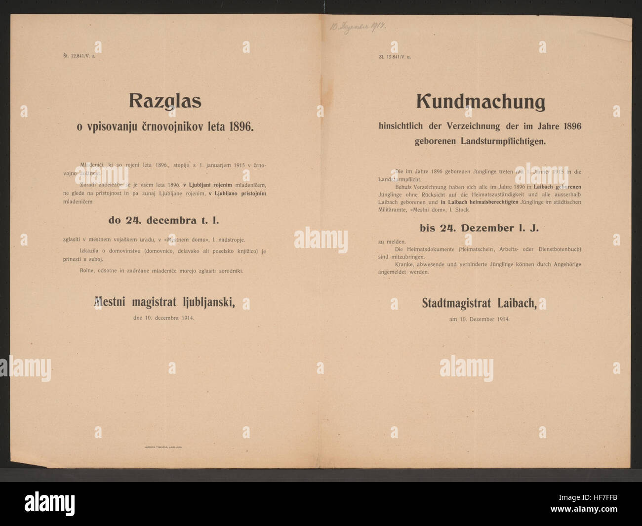 Die im Jahre 1896 geborenen Landsturmpflichtigen haben sich bis 24. Dezember zu melden - Mitzubringende Dokumente - Stadtmagistrat Laibach, am 10. Dezember 1914 - Zl. 12.841/V. u. Verzeichnung der Landsturmpflichtigen - Kundmachung - Laibach - Mehrsprachiges Plakat 1914 Stock Photo