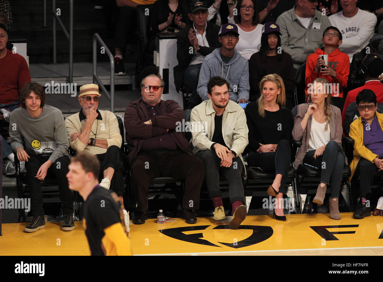 Celebrities at the Los Angeles Lakers game. The Golden State Warriors defeated the Los Angeles Lakers by the final score of 109-85 at the Staples Center in Los Angeles  Featuring: Jack Nicholson, Raymond Nicholson Where: Los Angeles, California, United St Stock Photo