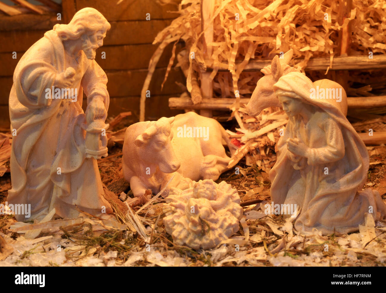 traditional nativity scene with St. Joseph and the Virgin Mary and the infant Jesus Stock Photo