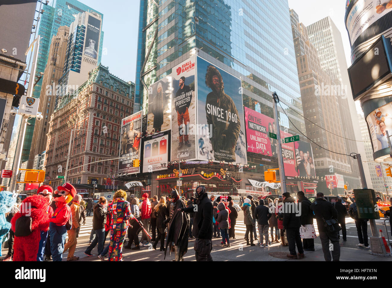 Billboards in Times Square advertise the Swedish outdoor company Fjällräven on Tuesday, December 20, 2016. The brand has only been selling in the United States since 2012 and the billboards, combined with print, digital and a pop-up space is their largest campaign to date. (© Richard B. Levine) Stock Photo