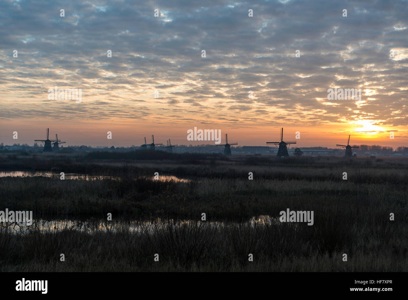 UNESCO World Heritage windmills in Kinderdijk in Holland europe, windmills at the water with reflection and twilight Stock Photo
