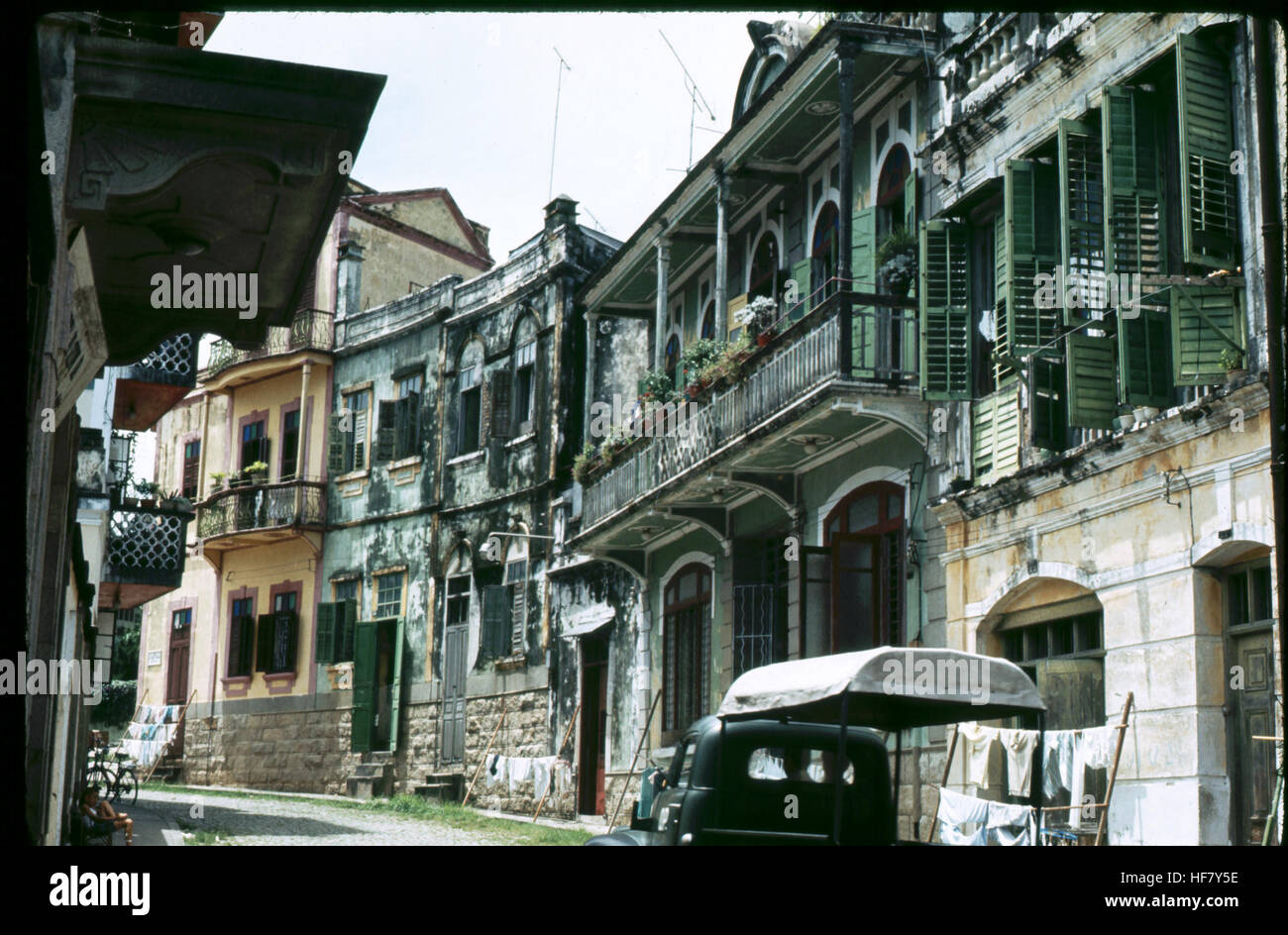 Street of old houses in Macau, a Portuguese possession the People’s
