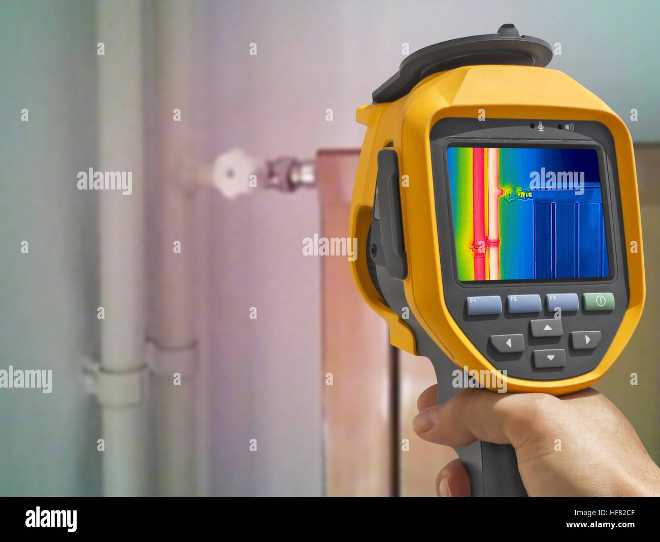 Recording closed Radiator Heater with Infrared Thermal Camera Stock Photo