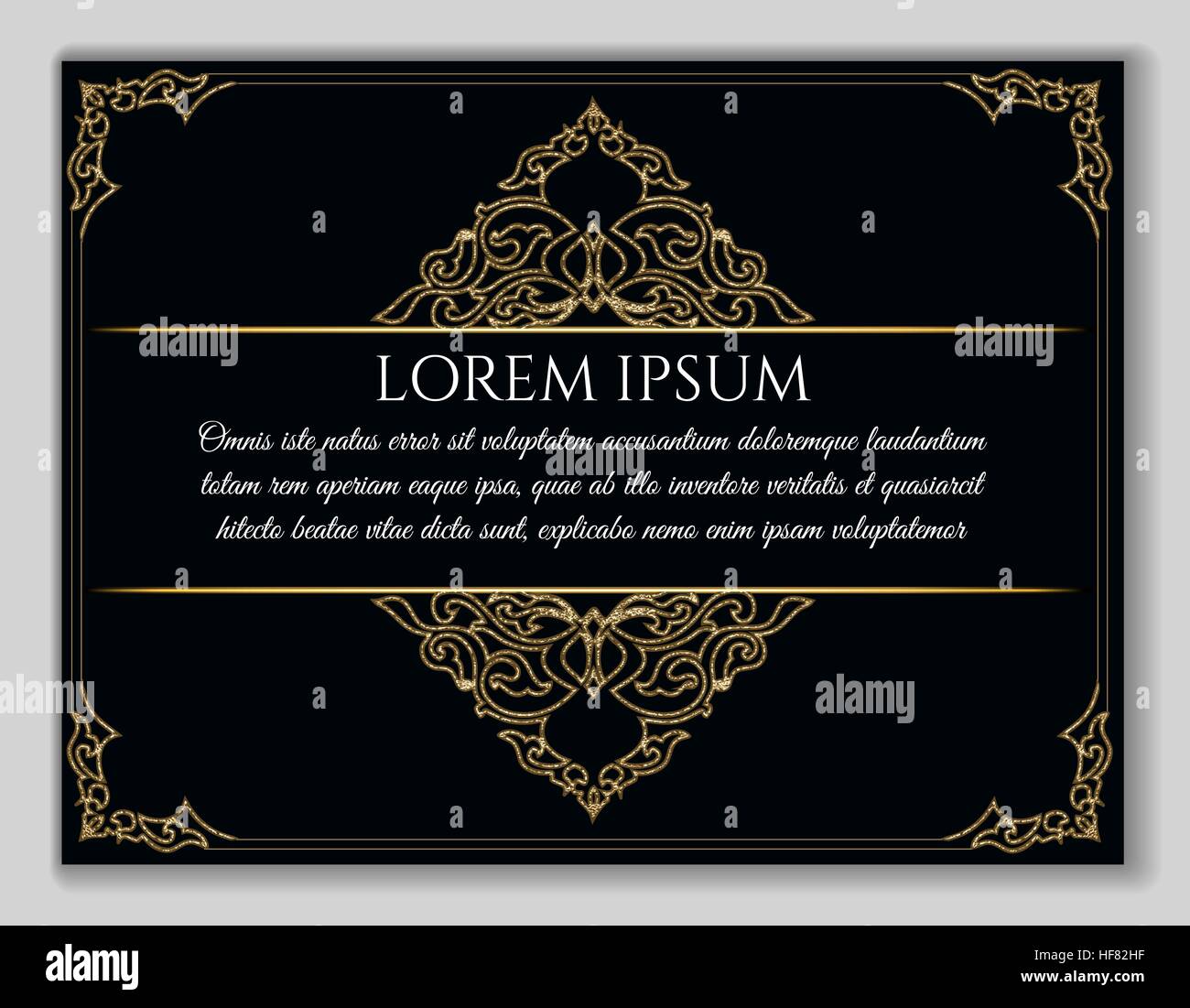 Vintage golden frame. Decorative vector frame with eastern elements and text sample over black background. Stock Vector