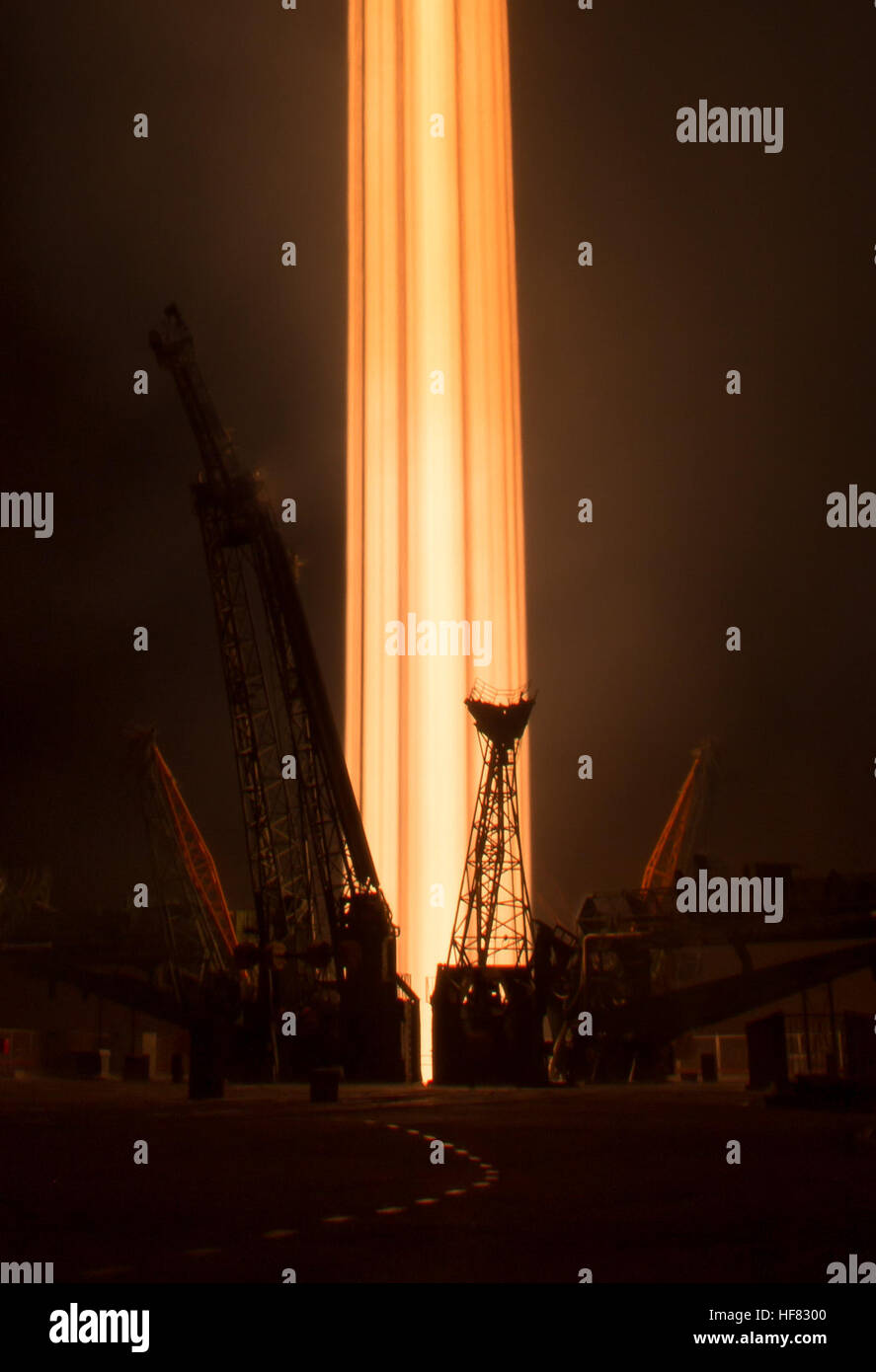 In this long exposure photograph, the Soyuz MS-03 spacecraft is seen launching from the Baikonur Cosmodrome with Expedition 50 crewmembers NASA astronaut Peggy Whitson, Russian cosmonaut Oleg Novitskiy of Roscosmos, and ESA astronaut Thomas Pesquet from the Baikonur Cosmodrome in Kazakhstan, Friday, Nov. 18, 2016, (Kazakh time) (Nov 17 Eastern time). Whitson, Novitskiy, and Pesquet will spend approximately six months on the orbital complex. Stock Photo