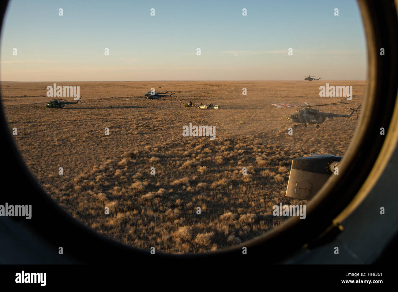 Russian Search and Rescue teams arrive at the Soyuz TMA-20M spacecraft shortly after it landed with Expedition 48 crew members NASA astronaut Jeff Williams, Russian cosmonauts Alexey Ovchinin, and Oleg Skripochka of Roscosmos near the town of Zhezkazgan, Kazakhstan on Wednesday, Sept. 7, 2016(Kazakh time). Williams, Ovchinin, and Skripochka are returning after 172 days in space where they served as members of the Expedition 47 and 48 crews onboard the International Space Station. Stock Photo
