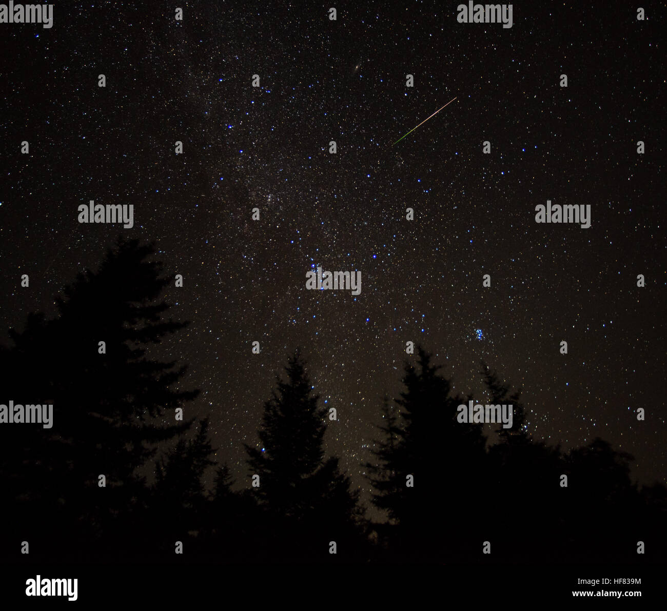 In this 30 second exposure, a meteor streaks across the sky during the