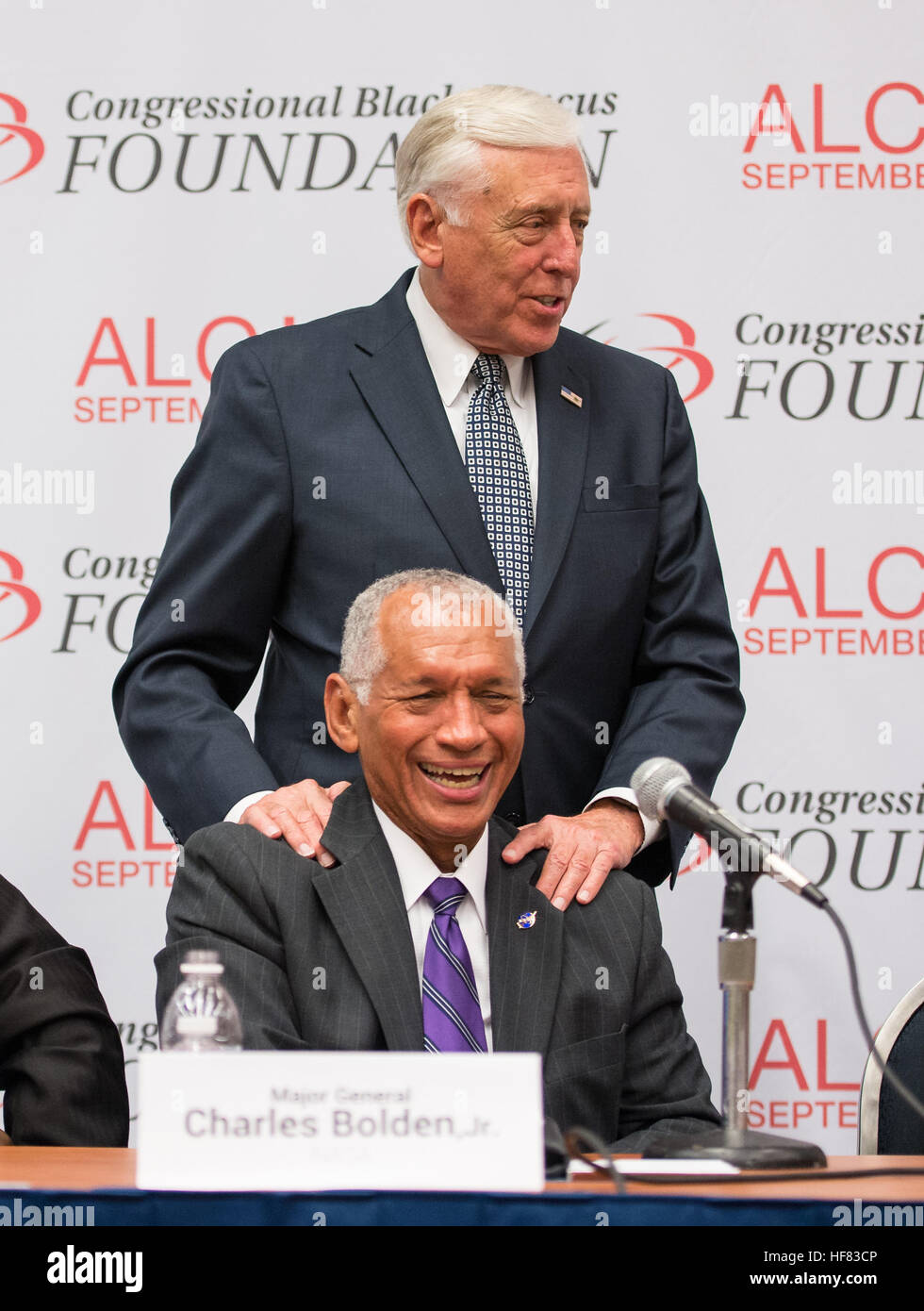 Representative Steny Hoyer (D- Md.) greets NASA Administrator Charles Bolden during a panel on &quot;Women in STEM: A Gender Gap to Innovation&quot; at the Annual Legislative Congress (ALC), held by the Congressional Black Caucus, Thursday, September 15, 2016 at the Washington Convention Center in Washington. Aubrey Gemignani) Stock Photo