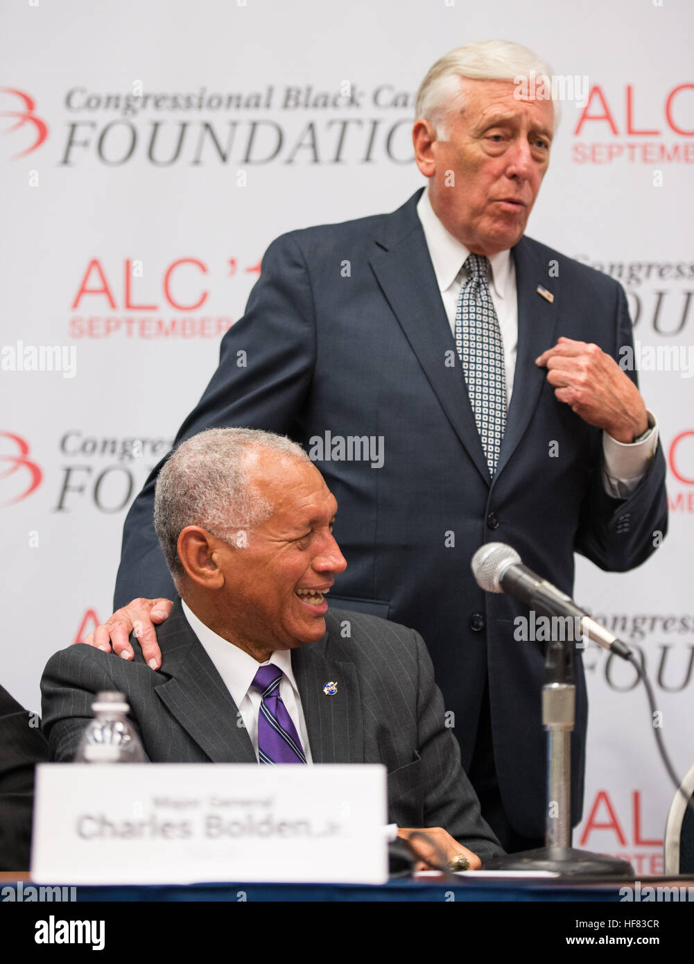 Representative Steny Hoyer (D- Md.) greets NASA Administrator Charles Bolden during a panel on &quot;Women in STEM: A Gender Gap to Innovation&quot; at the Annual Legislative Congress (ALC), held by the Congressional Black Caucus, Thursday, September 15, 2016 at the Washington Convention Center in Washington. Aubrey Gemignani) Stock Photo