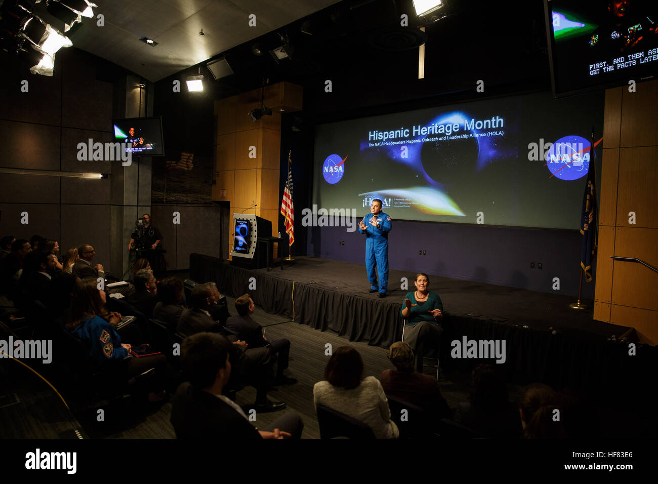 Former NASA astronaut José Hernández speaks during the Aspira con NASA/Aspire with NASA Hispanic Heritage Month event on Tuesday, Oct. 4, 2016 at NASA Headquarters in Washington. The event featured talks by Hernández and Diana Trujillo, mission lead for the Mars Curiosity Rover at NASA's Jet Propulsion Laboratory. Stock Photo