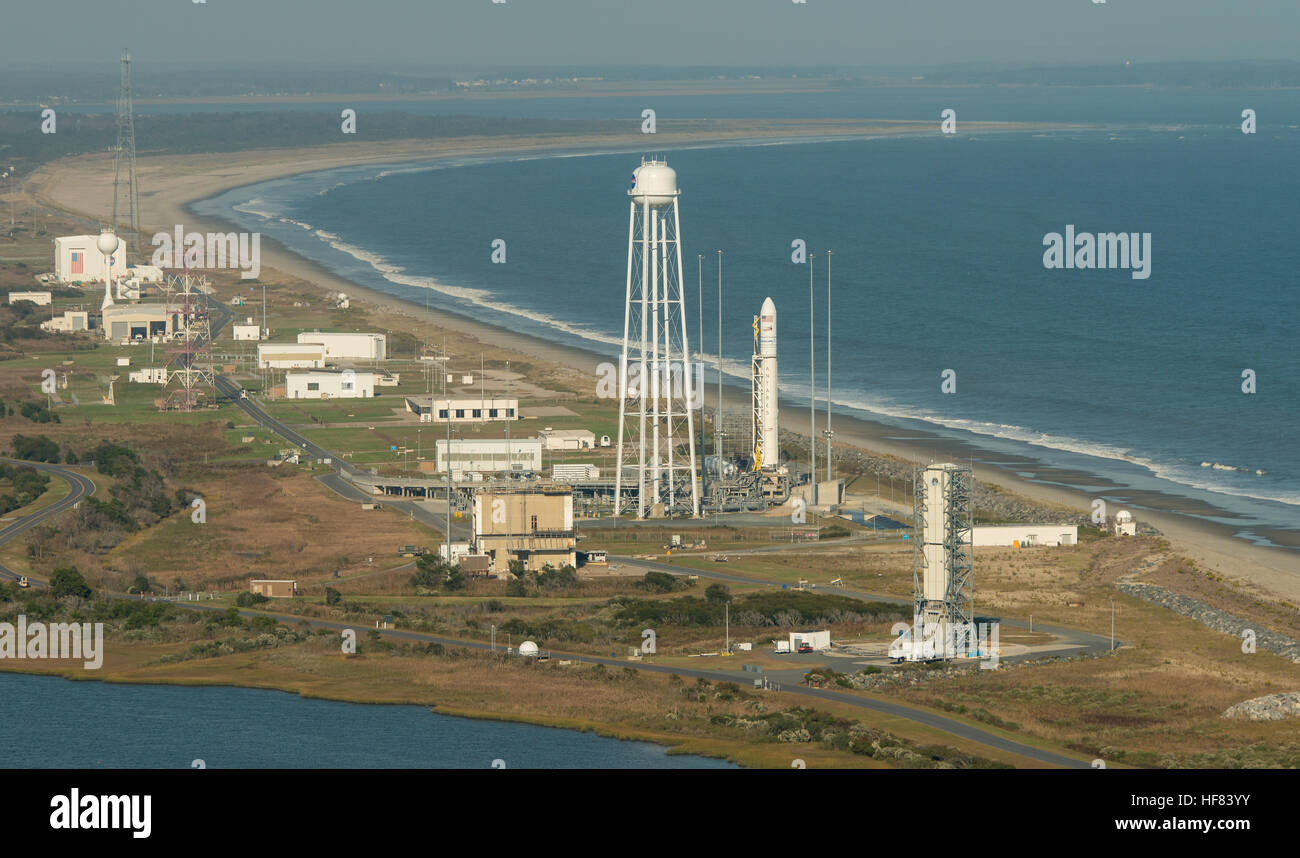 Aerial photograph showing the Orbital ATK Antares rocket, with the Cygnus spacecraft onboard, on launch Pad-0A, Monday, Oct. 17, 2016 at NASA's Wallops Flight Facility in Virginia. Orbital ATK’s sixth contracted cargo resupply mission with NASA to the International Space Station will deliver over 5,100 pounds of science and research, crew supplies and vehicle hardware to the orbital laboratory and its crew. Stock Photo