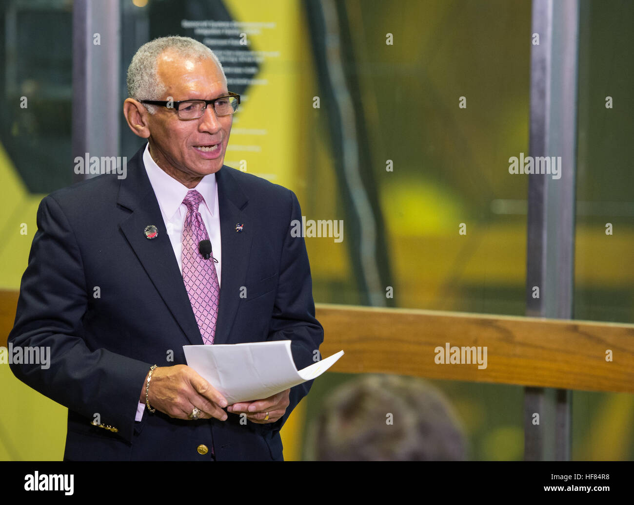 NASA Administrator Charles Bolden speaks about the James Webb Space Telescope during a media event on Wednesday, Nov. 2, 2016 at NASA's Goddard Spaceflight Center in Greenbelt, Md. The James Webb Space Telescope, the world's largest and most complex space telescope, will study every phase in the history of the universe; from the first luminous glows of the Big Bang, to the formation of planetary systems capable of supporting life, to the evolution of our own solar system. Stock Photo