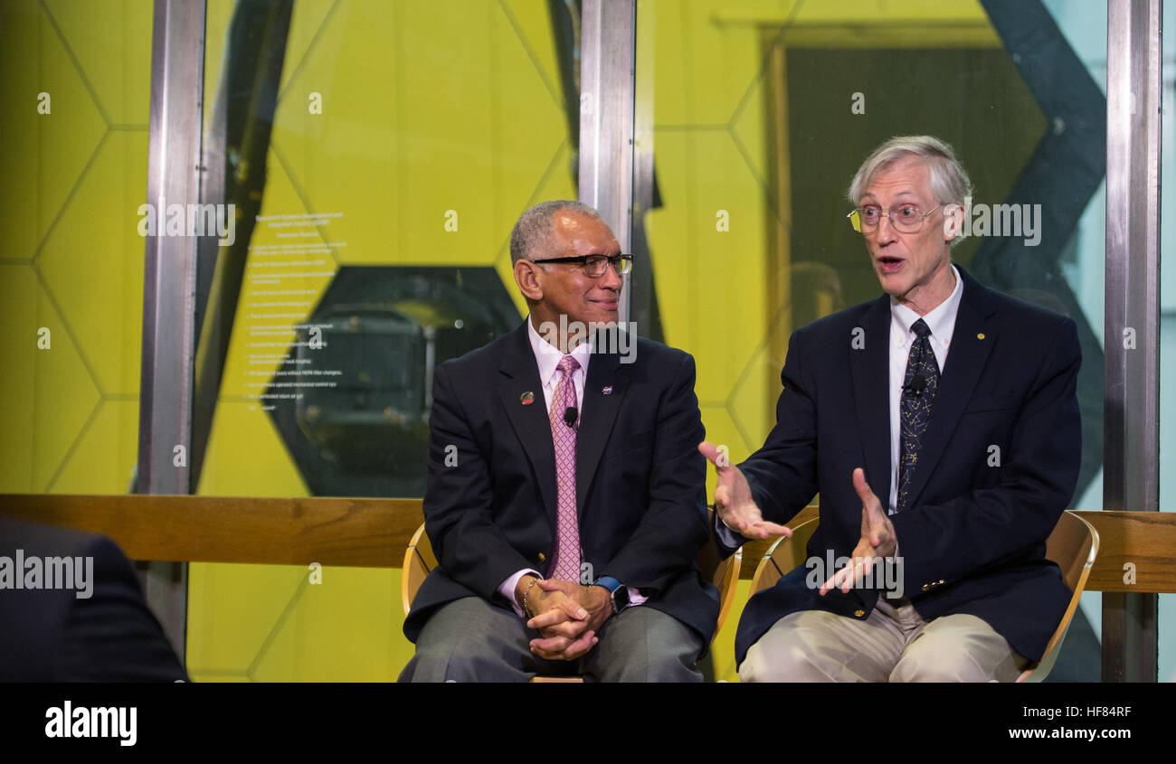 NASA Administrator Charles Bolden, left, and James Webb Space Telescope Senior Project Scientist John Mather, right, are seen as they answer questions during a media event on Wednesday, Nov. 2, 2016 at NASA's Goddard Spaceflight Center in Greenbelt, Md. The James Webb Space Telescope, the world's largest and most complex space telescope, will study every phase in the history of the universe; from the first luminous glows of the Big Bang, to the formation of planetary systems capable of supporting life, to the evolution of our own solar system. Stock Photo