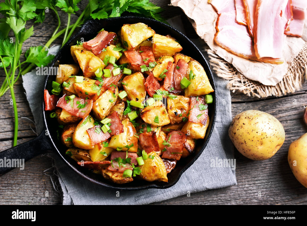 Roasted potato in frying pan, top view Stock Photo