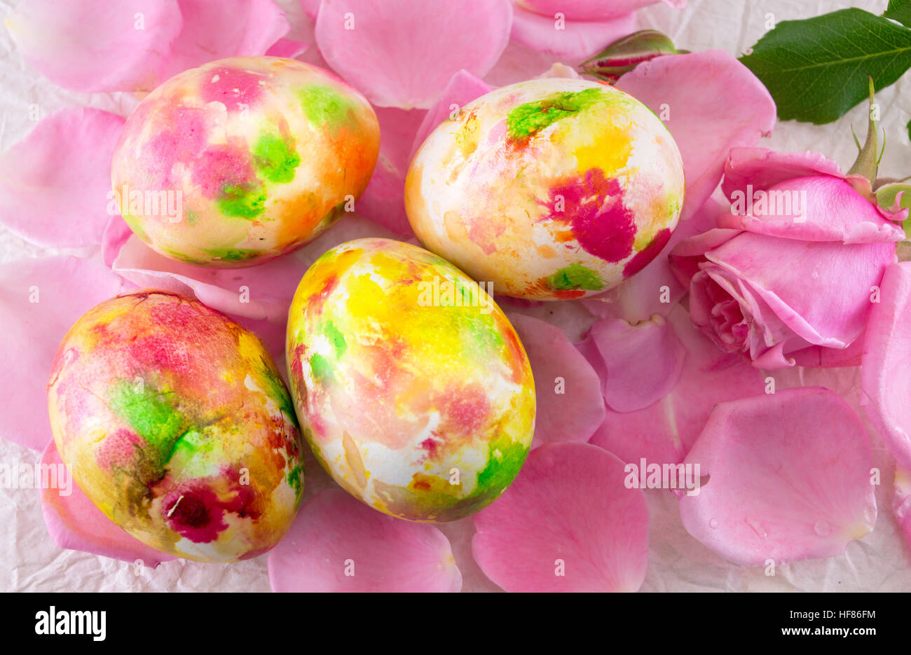 Painted Easter egg placed on pink rose petals Stock Photo