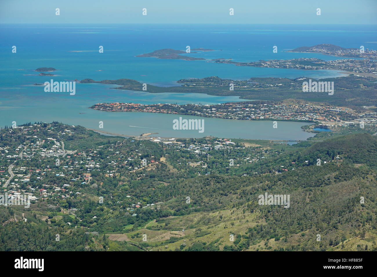 Aerial view, Boulary bay, islands and peninsula of Tina, Noumea, southwest coast of Grande Terre, New Caledonia, south Pacific ocean Stock Photo