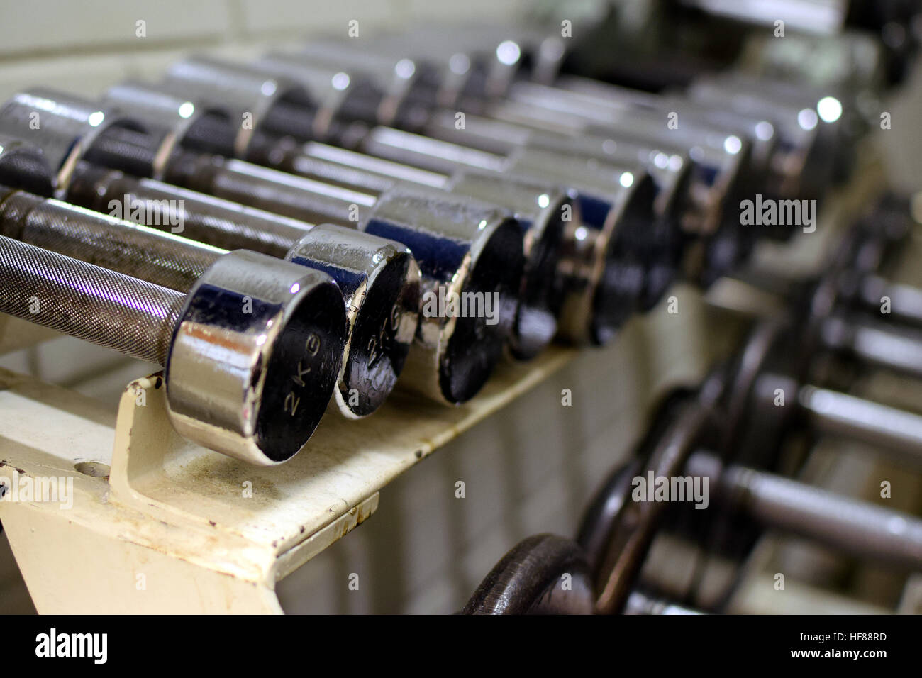 Rows of dumbbells in the gym. Stock Photo