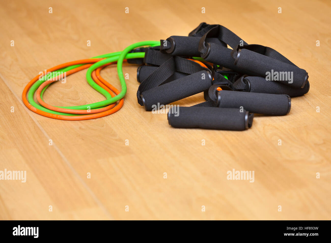 Fitness resistance bands, shallow depth of field, focus on handles Stock Photo