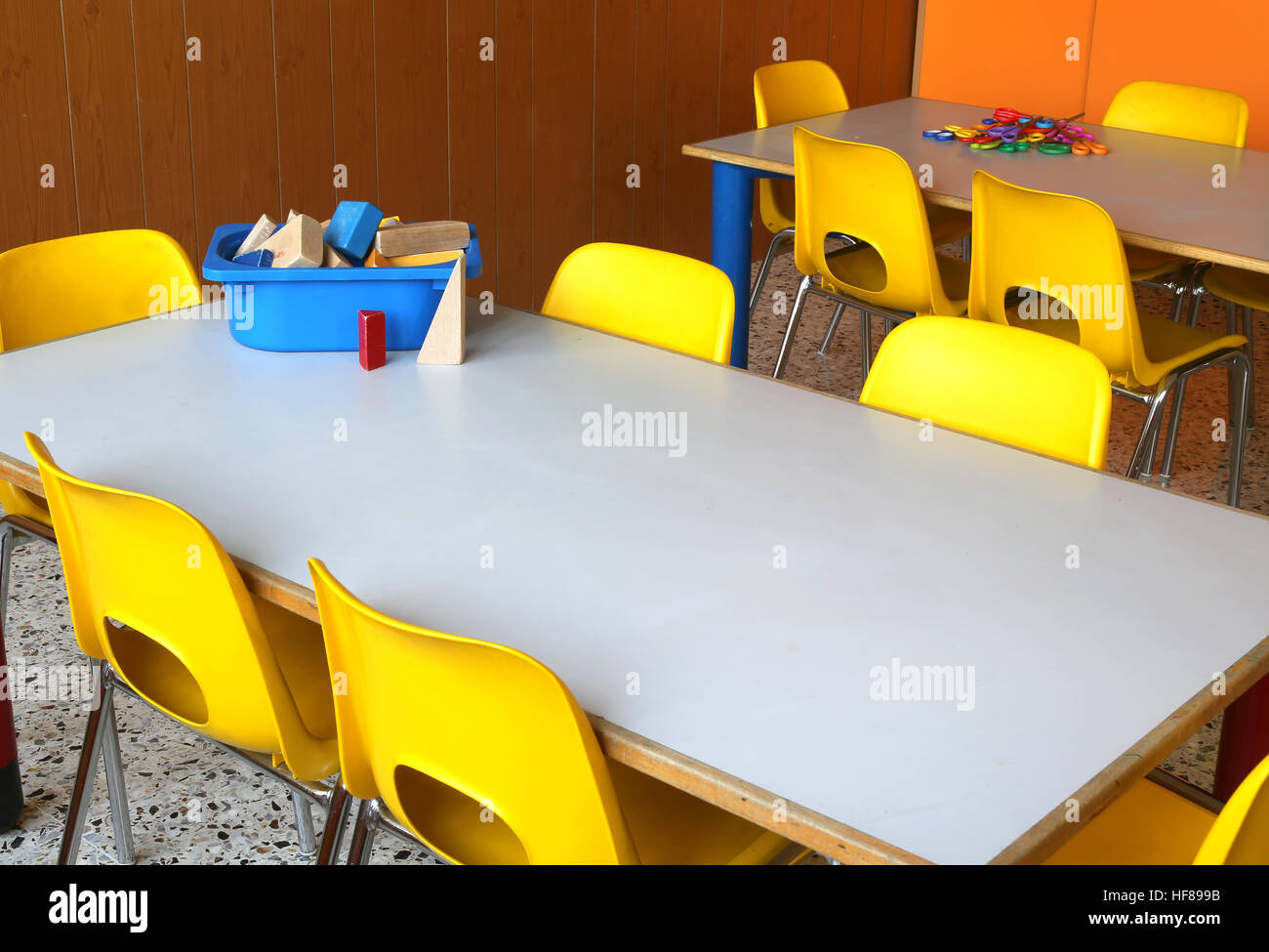 Tables And Chairs In The Classroom Of Kindergarten Without