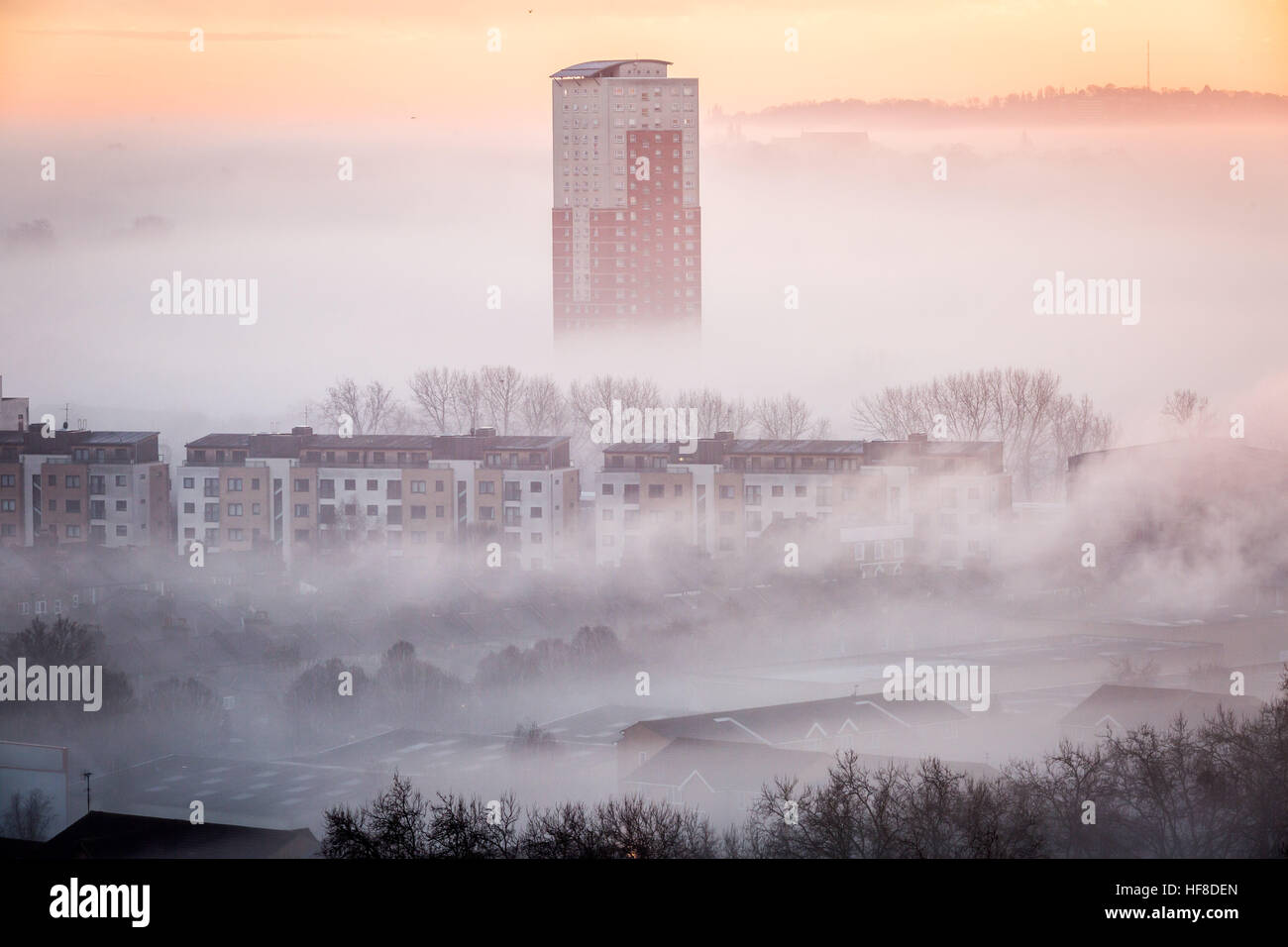 London, UK. 28th December, 2016. UK Weather: Hawke Tower high-rise building seen in the cold heavy fog over SE London © Guy Corbishley/Alamy Live News Stock Photo