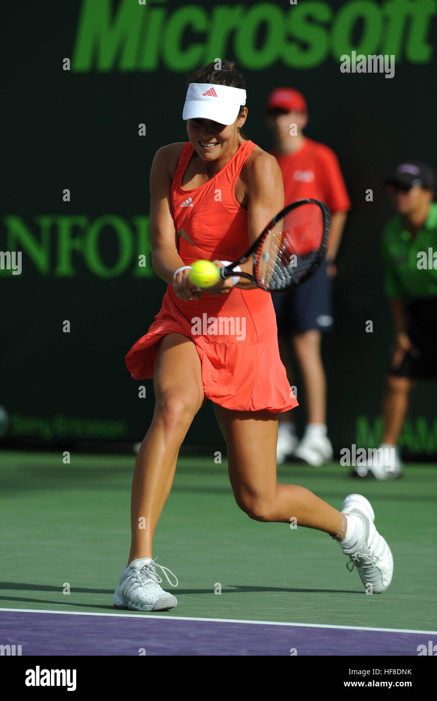 Tennis player Ana Ivanovic reurns a volly to Lindsay Davenport at the Sony Ericsson Open held at the tennis center at Crandon Park on March 30, 2008 in Key Biscayne, Florida. Credit: mpi04/MediaPunch Stock Photo