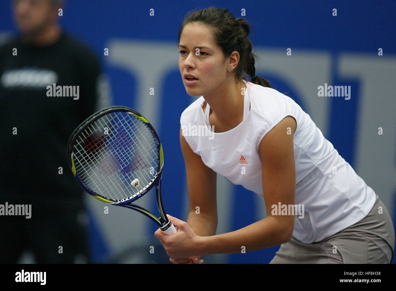 Linz, Austria. 23rd Oct, 2008. Ana Ivanovic from Serbia awaits a serve from  Austrian opponent Bammer in their second round match at the Generali Ladies  2008 tennis tournament in Linz, Austria, 23.10.2008.