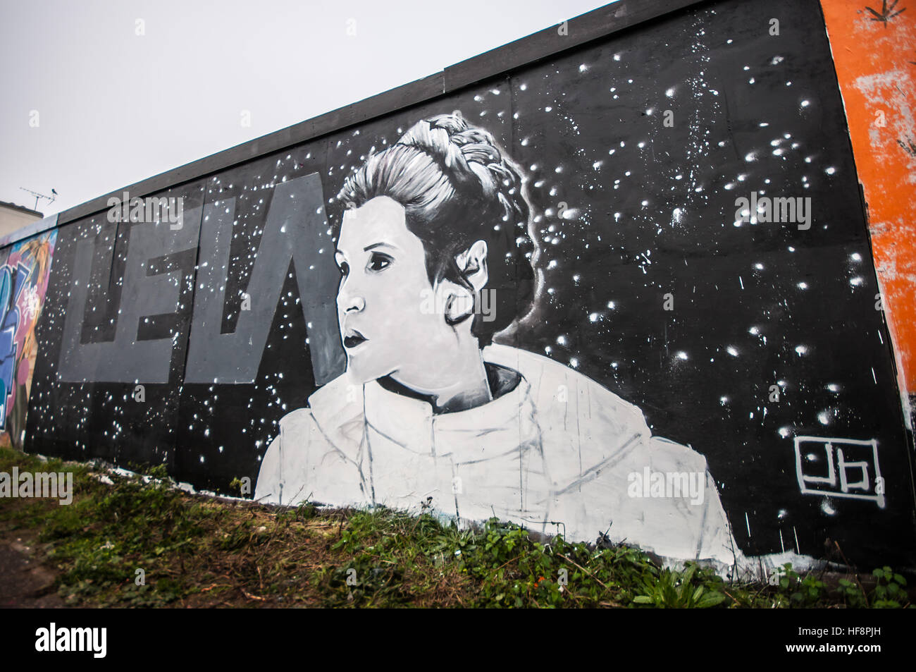 Local artists John Bulley and Mark Sharp completed an addition to the street art wall currently bordering a long-delayed building project along Southend's seafront to remember the actress Carrie Fisher who passed away on 27 December. Stock Photo