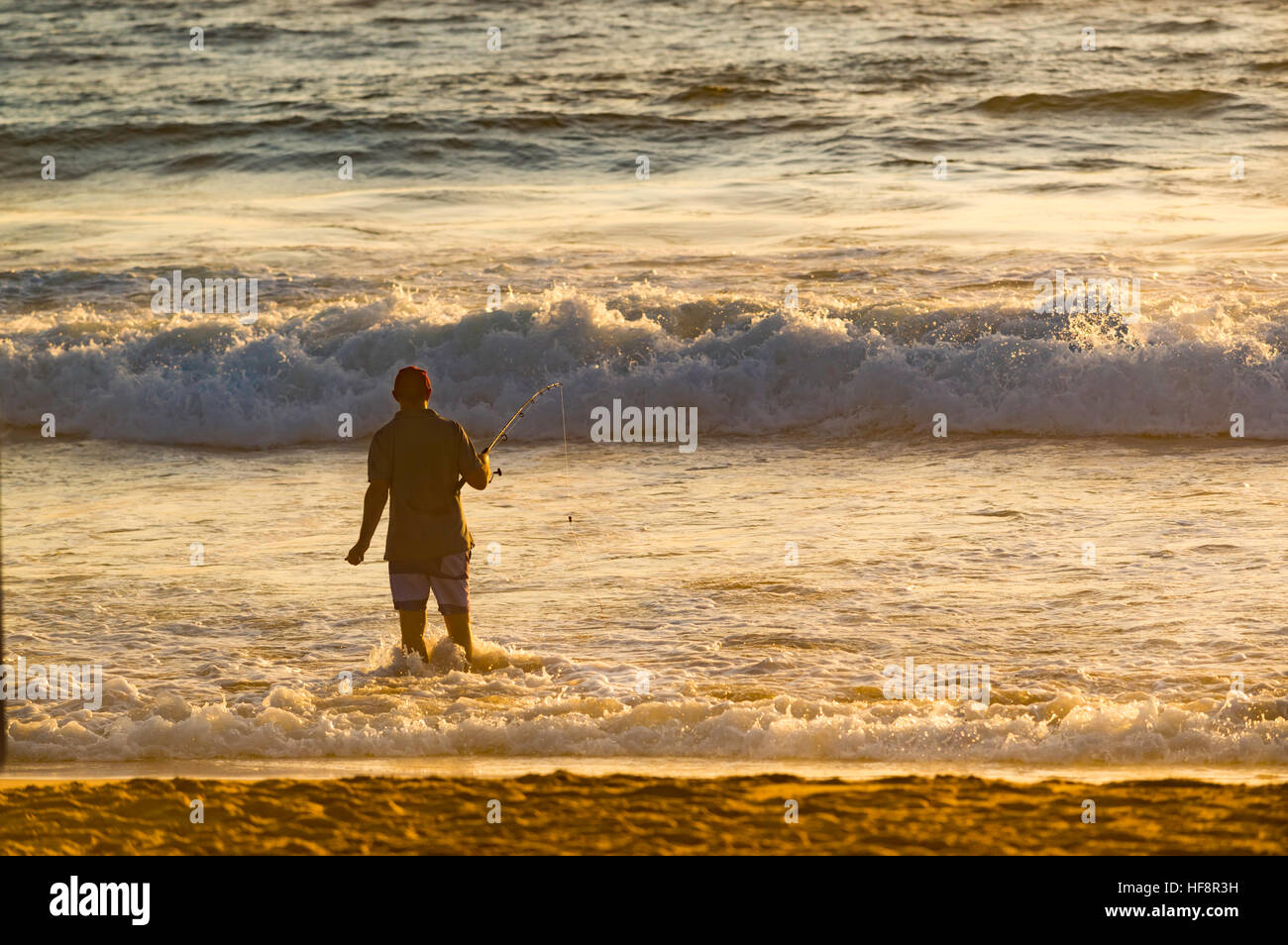 An older man standing on a beach fishing in the surf with a beach fishing rod at a Sydney beach early on a summer morning in Australia Stock Photo