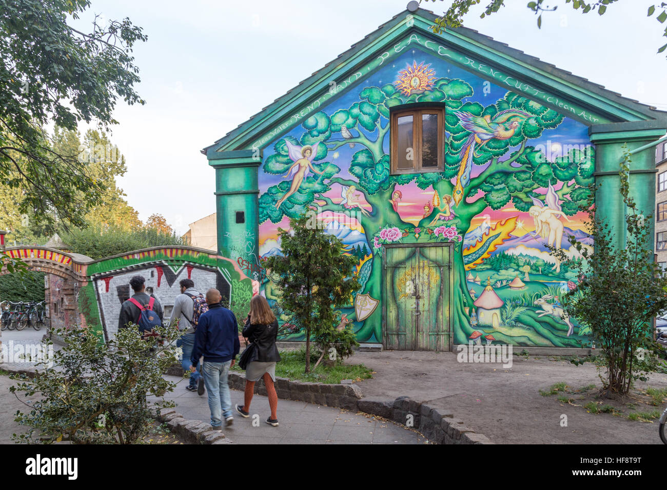 Copenhagen, Denmark - September 26, 2016: Young people entering the freetown district Christiania Stock Photo