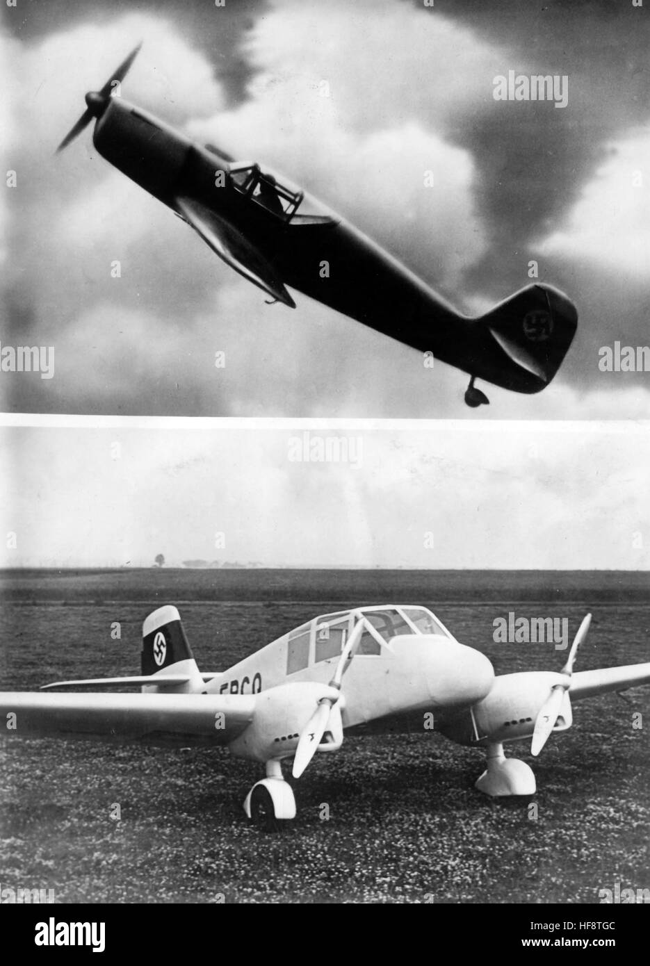 The Nazi propaganda image shows a German Wehrmacht Gotha Go 149 (above) and Gotha Go 150 (below). Published in July 1938. A Nazi reporter has written on the reverse of the picture, 'Two new models of German planes. On the first Nazi Air Corps international flight from Frankfurt am Main on the 30-31/7, two newly developed models from the Gotha Vehicle Factory Company, 'Go 149' (above) and 'Go 150' (below) were also on display. Go '149' is a cantilevered one-seated airplane with a cabin, low wings and a retractable landing gear. It is fitted with a 200/240 PS Argus-As-10-C-Motor. The 'Go 150' mo Stock Photo