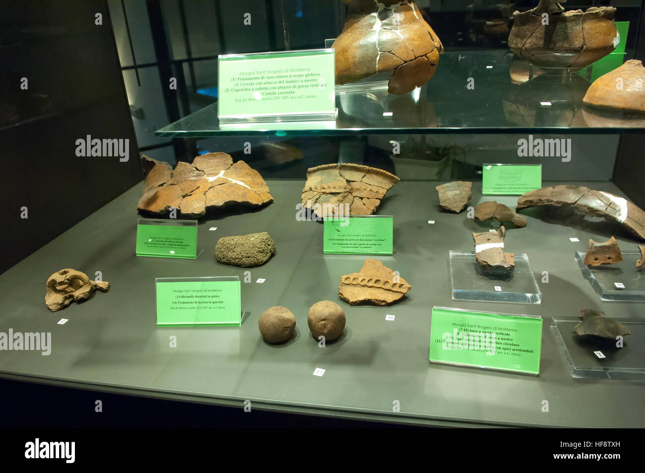 museum display case, archaeological finds National Museum of Archaeology of Grumento, Basilicata, Italy Stock Photo