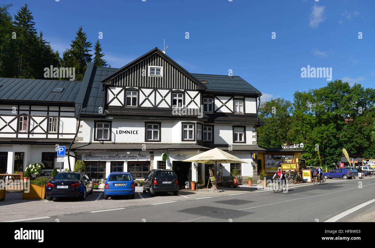 Restaurant Lomnice, Stadtzentrum, Spindlersmuehle, Tschechien, city centre, wooden spindle maker's mill, Czechia Stock Photo