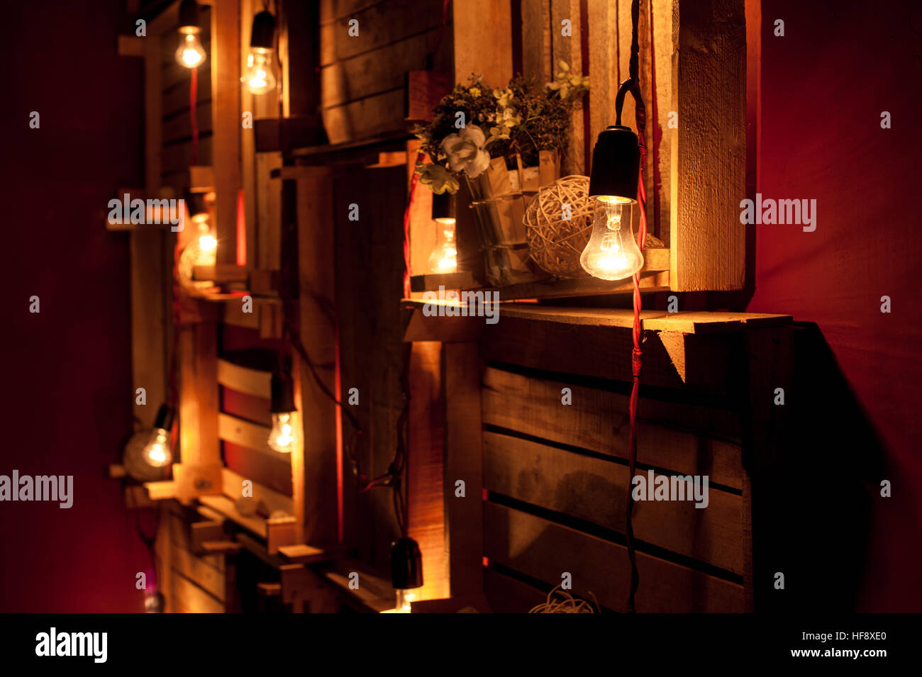 Christmas decor with garlands and wooden boxes in the Studio Stock Photo
