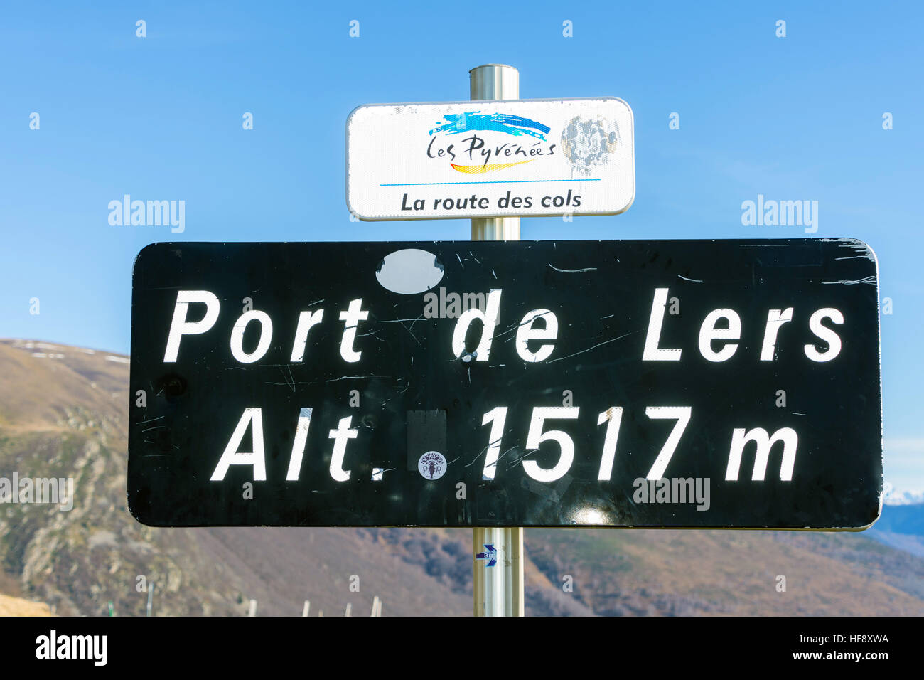 Sign at summit of Port de Lers, Ariege, France Stock Photo