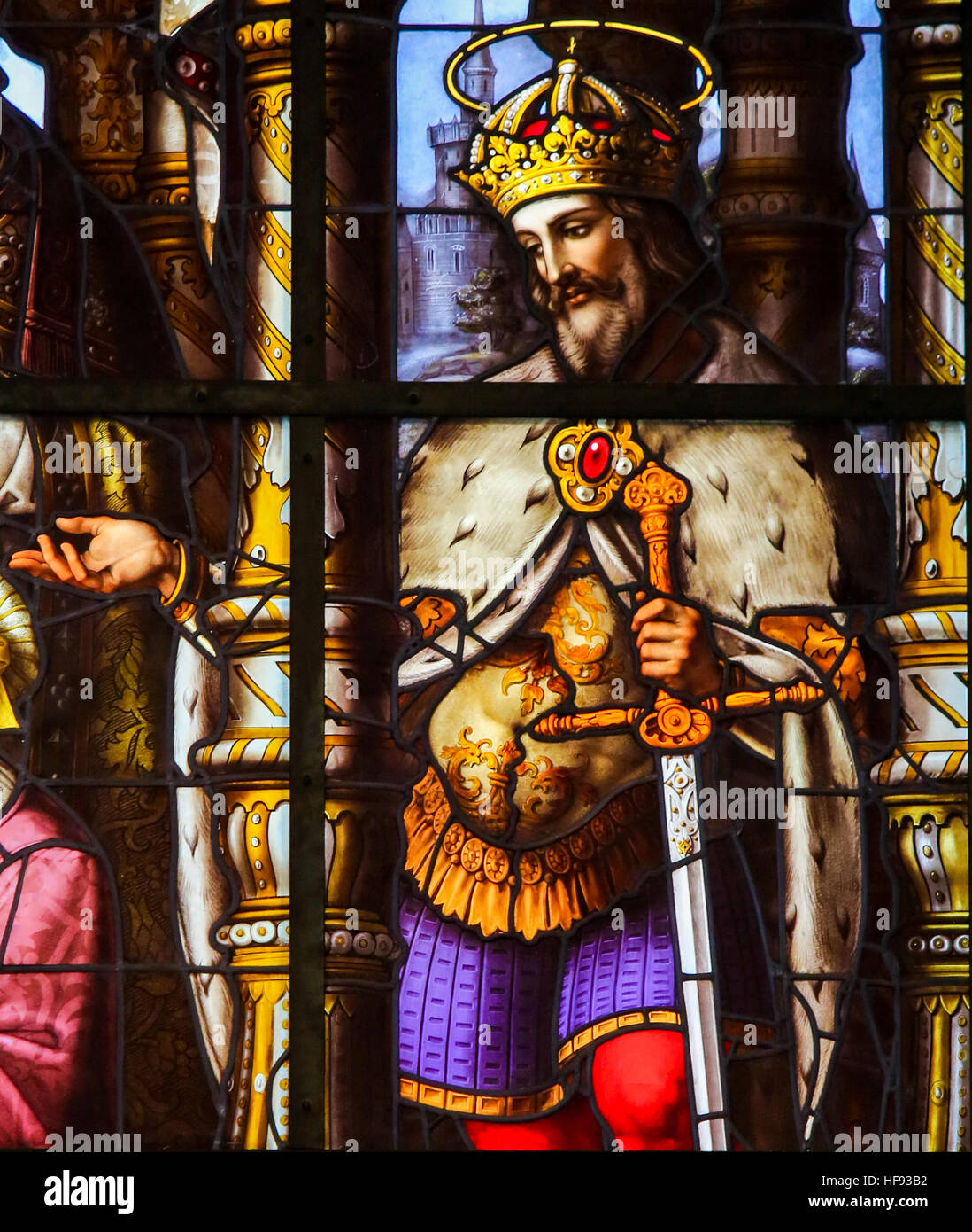 Stained Glass window depicting Saint Louis (King Louis IX of France) in St Nicholas Church in Ghent, Belgium Stock Photo