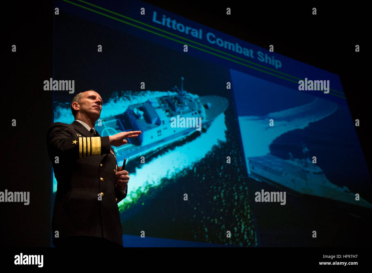 MONTGOMERY, Ala. (Feb. 22, 2013) Chief of Naval Operations (CNO) Adm. Jonathan Greenert speaks to Navy and Air Force officers, faculty and staff during an all-hands call at the Air War College on Maxwell Air Force Base. During the visit, Greenert discussed the current and future status of the Navy, new surface platforms being integrated into the fleet and the importance of Air War College in shaping future military minds with greater perspective of the Air-Sea Battle strategy. (U.S. Navy photo by Mass Communication Specialist 1st Class Peter D. Lawlor/Released) 130222-N-WL435-168  Join the con Stock Photo