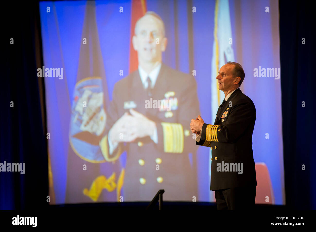 ARLINGTON, Va. (Feb. 21, 2013) Chief of Naval Operations (CNO) Adm. Jonathan Greenert speaks to members of the American Society of Naval Engineers (ANSE) about advances in warfighting technology and techniques and how shipbuilders should incorporate those concepts as they forge ahead with new designs to compliment the modern maritime strategy. (U.S. Navy photo by Mass Communication Specialist 1st Class Peter D. Lawlor/Released) 130221-N-WL435-199  Join the conversation http://www.facebook.com/USNavy http://www.twitter.com/USNavy http://navylive.dodlive.mil CNO Adm. Greenert speaks to engineers Stock Photo