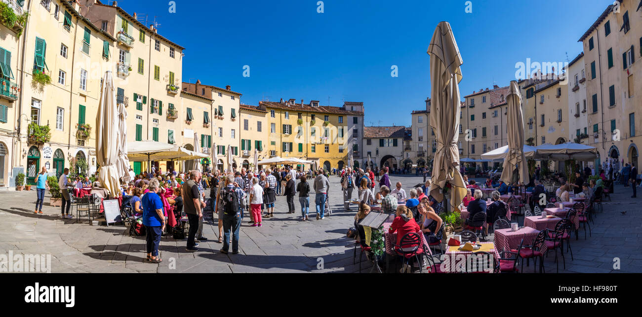 Panoramic view of Piazza dell'Anfiteatro in Lucca, Tuscany, Italy. Stock Photo