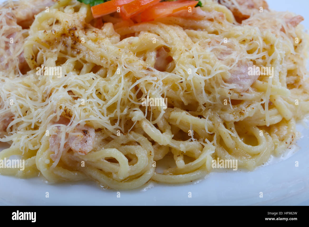 Spaghetti carbonara with pork, cheese and parsley Stock Photo Alamy