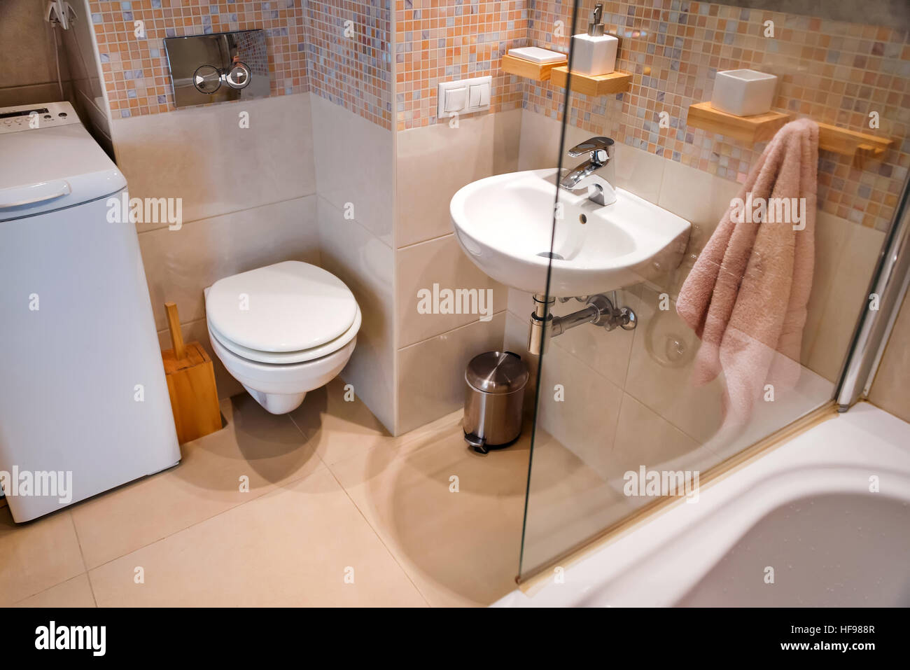 Modern simple interior in light apartments. Bathroom interior with