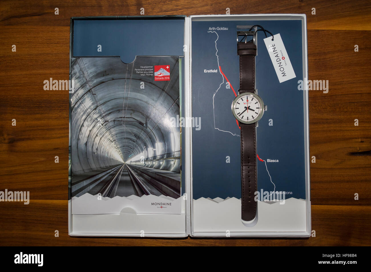 Mondaine stop2go, the Official Swiss Railways Watch. Gottardo 2016 edition, commemorating the Gotthard base tunnel opening. Stock Photo