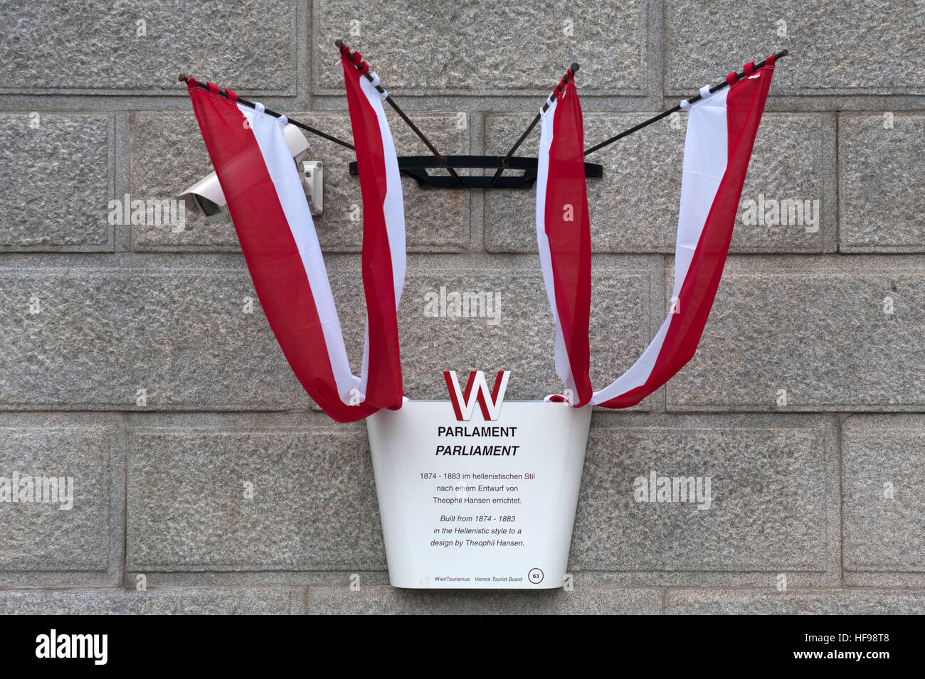 Information board with Austrian flags, Austrian Parliament, Vienna, Austria Stock Photo