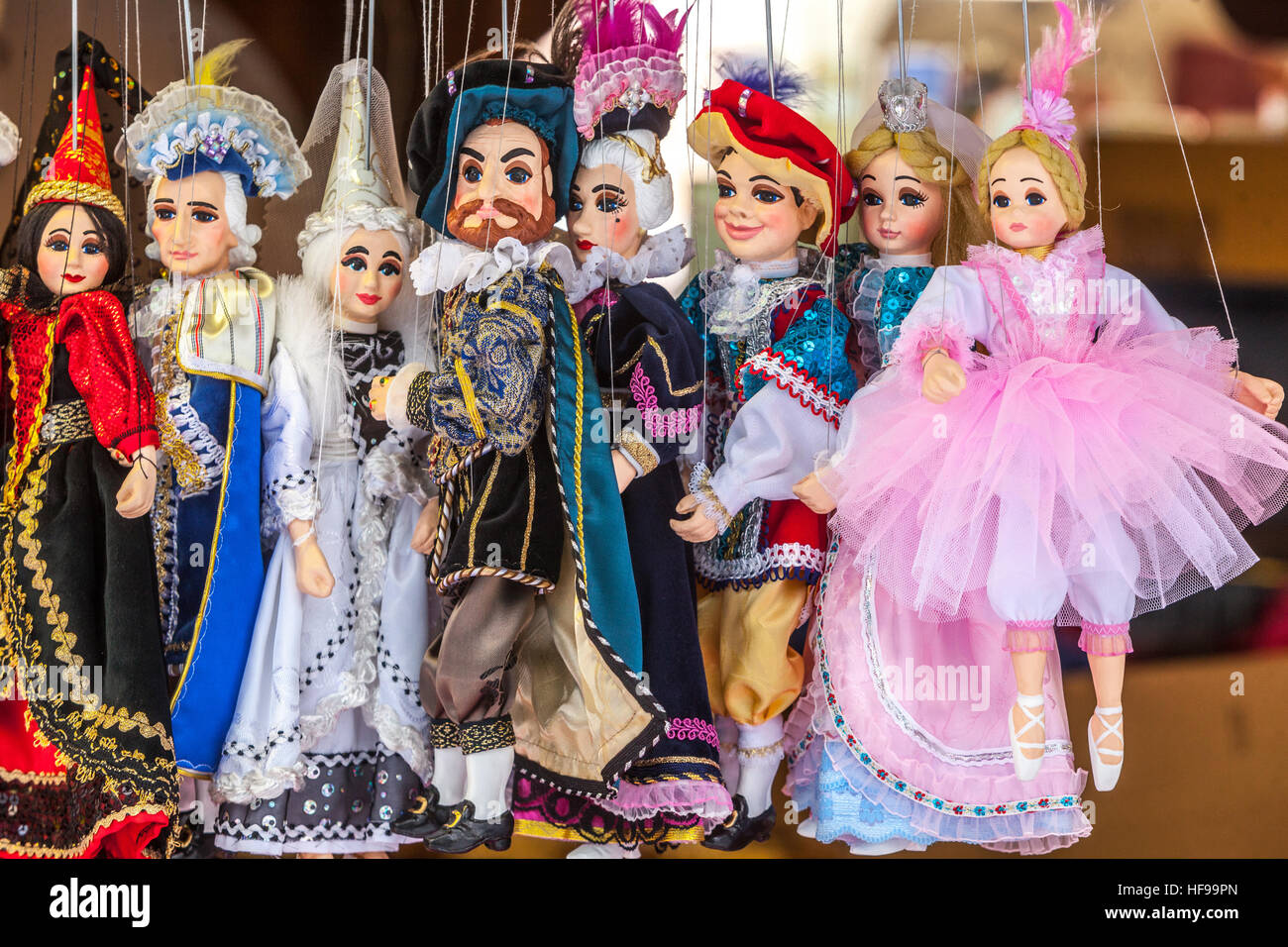 Prague puppets for sale, souvenirs, Czech marionettes, Prague, Czech Republic Stock Photo