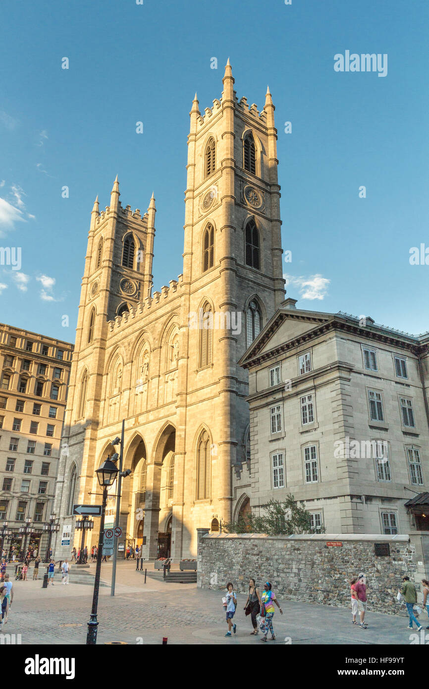 Afternoon sun streaming on Notre Dame Basilica Montreal Quebec Canada Gothic architecture cathedral one of Montreal's biggest tourist destinations. Stock Photo