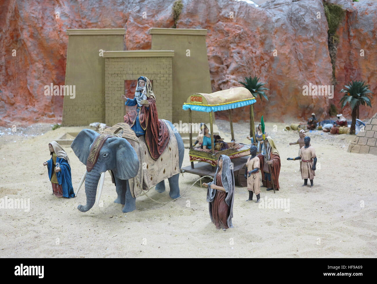 Nativity scene in a Spanish Market one of the Three Kings bringing